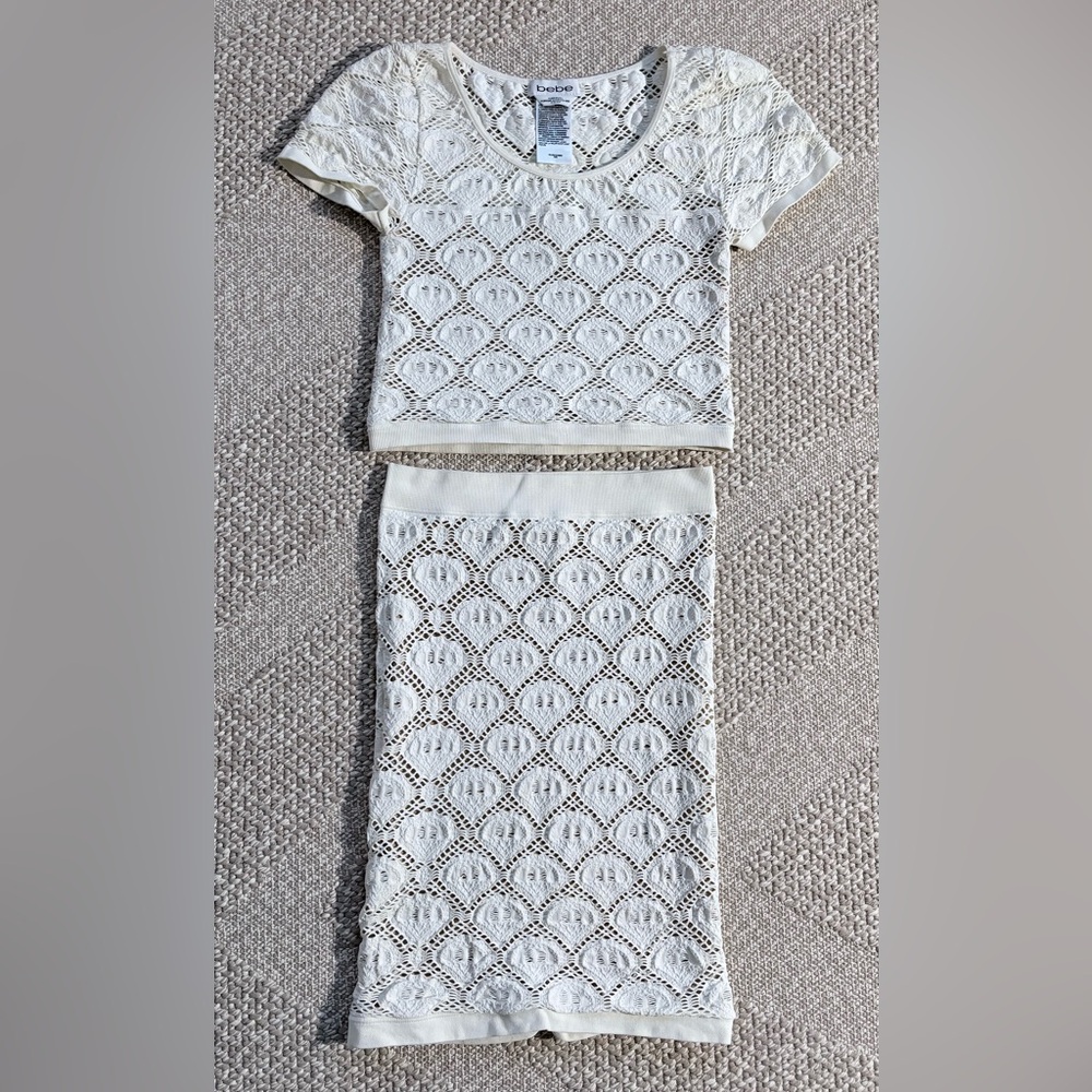 bebe Y2K bodycon cream lace crop top midi skirt set